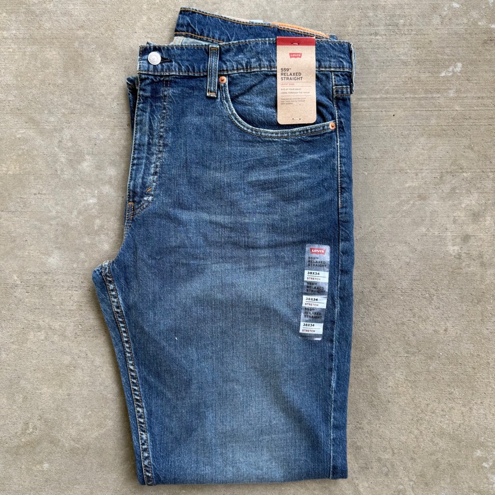 Levis 559 Relaxed Straight Jeans Mens 38x34 Medium Wash Blue Stretch Denim